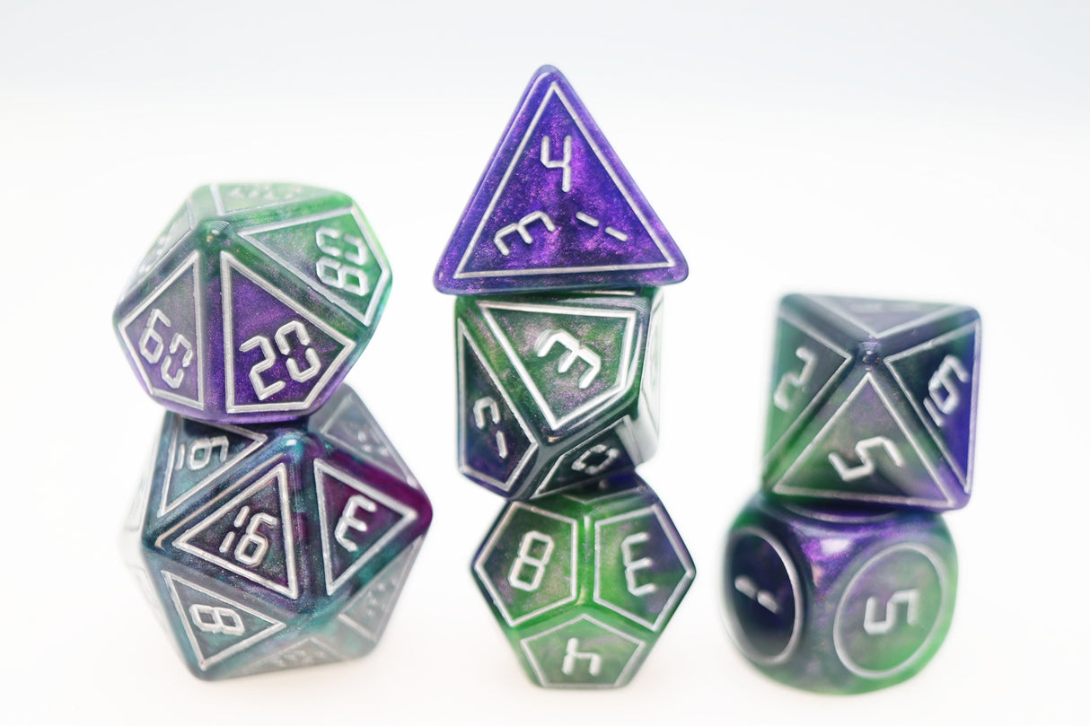 Cybernated Purple & Green RPG Dice Set - XLarge Plastic Dice Foam Brain Games