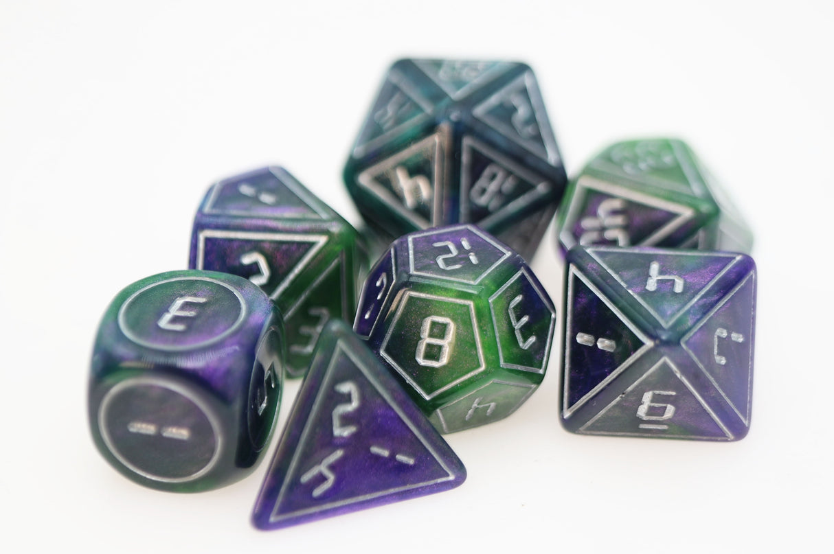 Cybernated Purple & Green RPG Dice Set - XLarge Plastic Dice Foam Brain Games