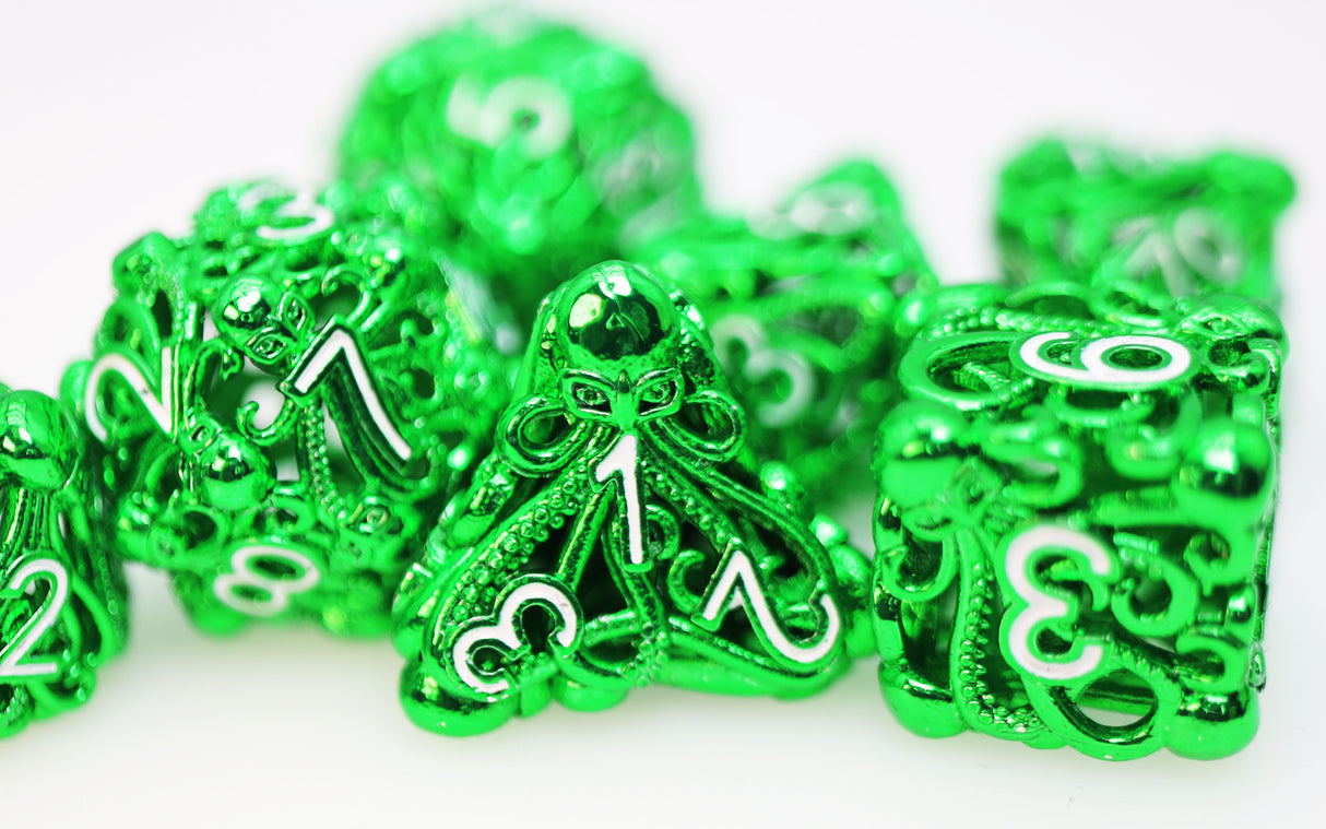 Mind Eater: Green - Hollow Metal RPG Dice Set Metal Dice Foam Brain Games