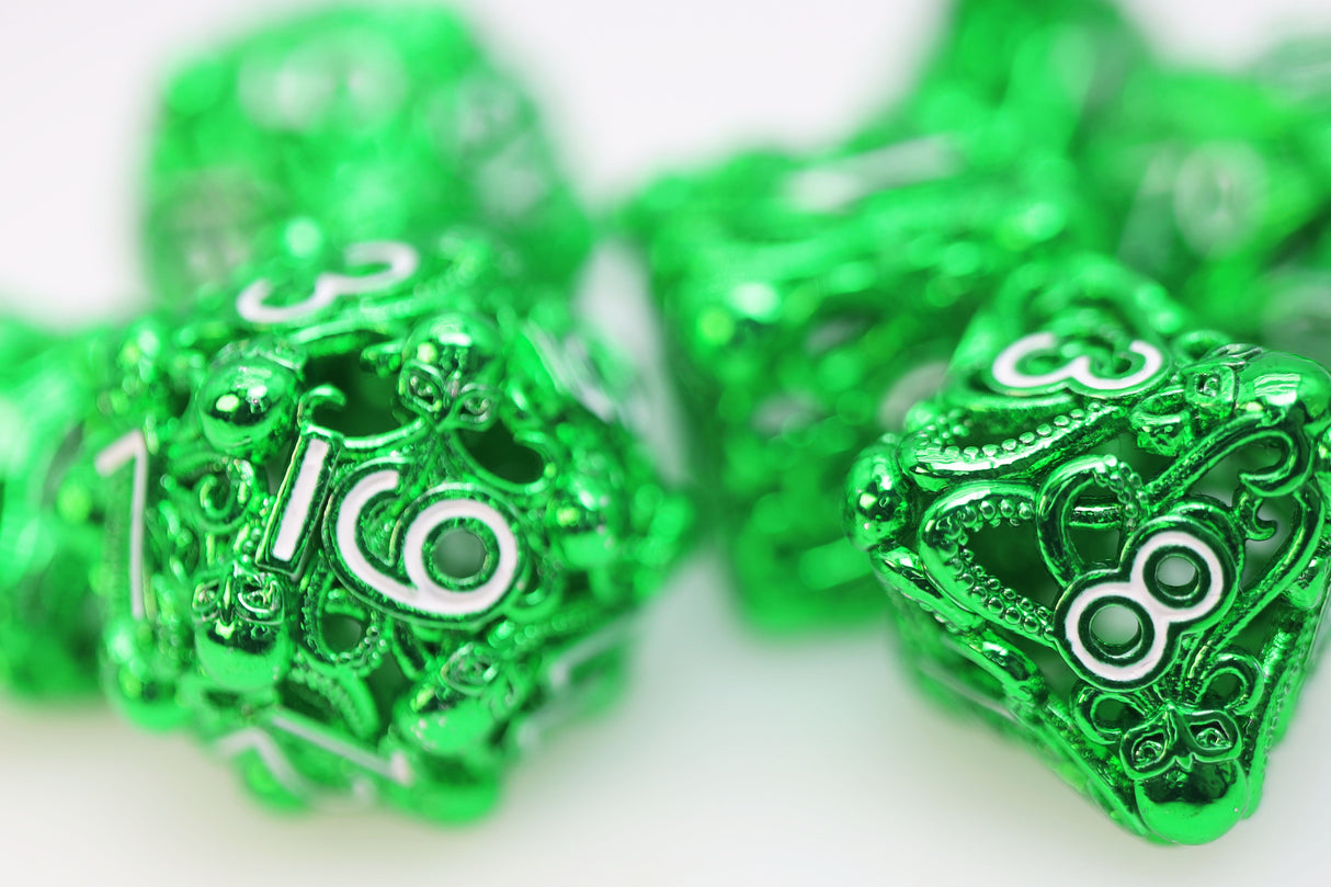 Mind Eater: Green - Hollow Metal RPG Dice Set Metal Dice Foam Brain Games