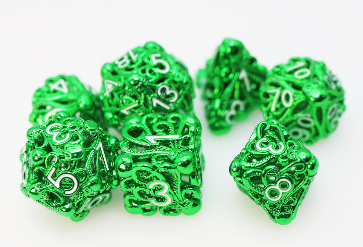Mind Eater: Green - Hollow Metal RPG Dice Set Metal Dice Foam Brain Games