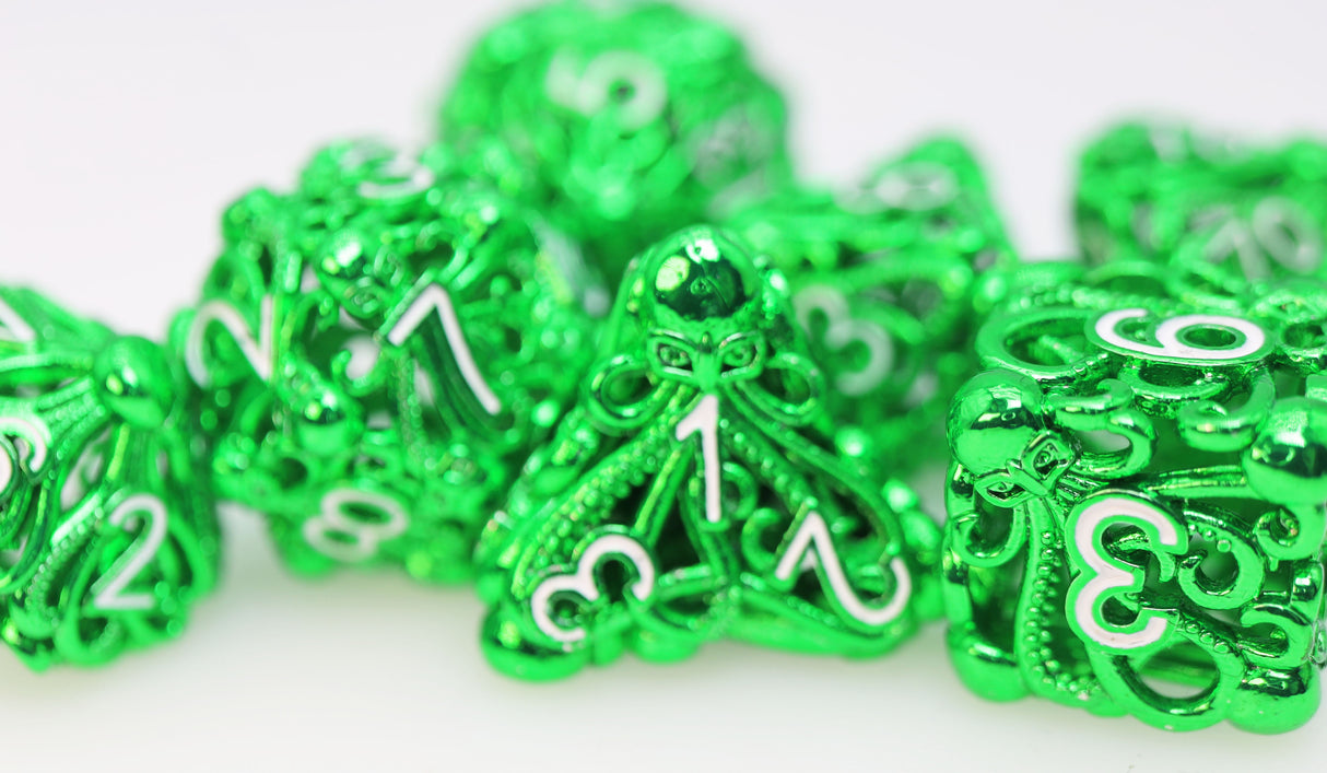 Mind Eater: Green - Hollow Metal RPG Dice Set Metal Dice Foam Brain Games