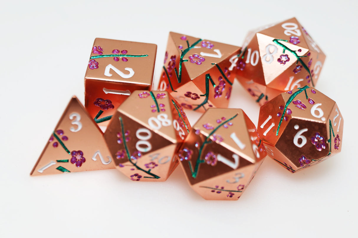 Metallic Bouquet: Copper Cherry Blossoms - Metal RPG Dice Set Metal Dice Foam Brain Games