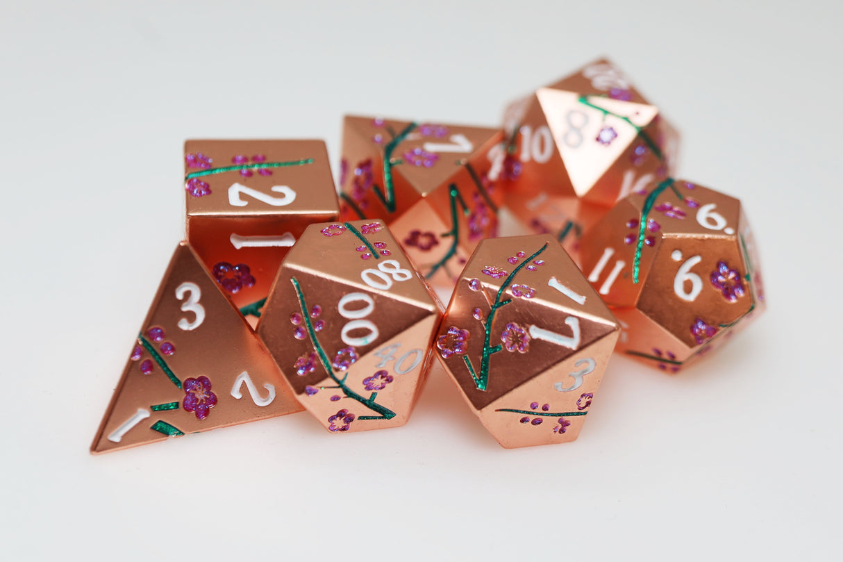 Metallic Bouquet: Copper Cherry Blossoms - Metal RPG Dice Set Metal Dice Foam Brain Games