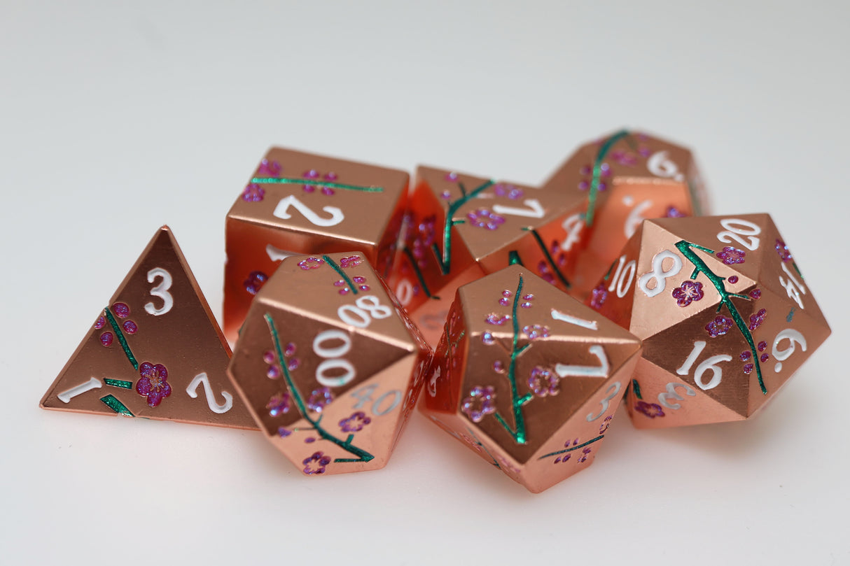 Metallic Bouquet: Copper Cherry Blossoms - Metal RPG Dice Set Metal Dice Foam Brain Games