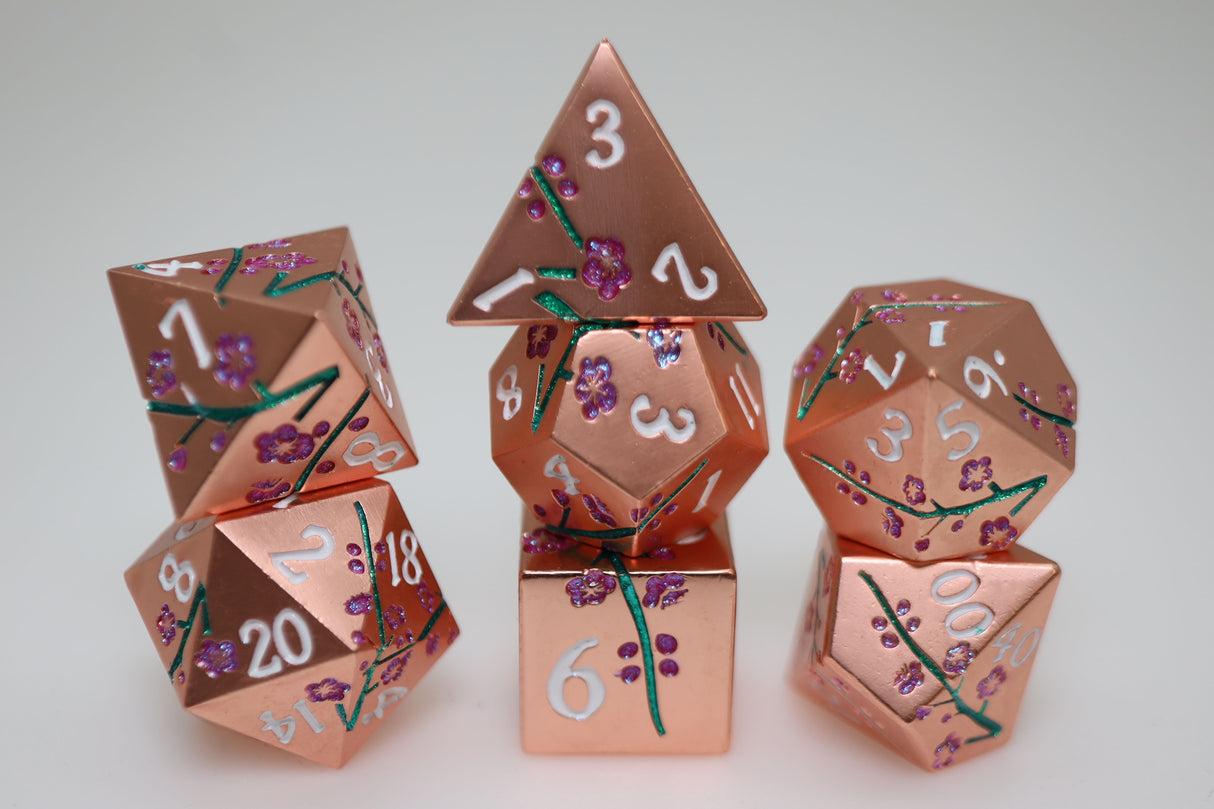 Metallic Bouquet: Copper Cherry Blossoms - Metal RPG Dice Set Metal Dice Foam Brain Games