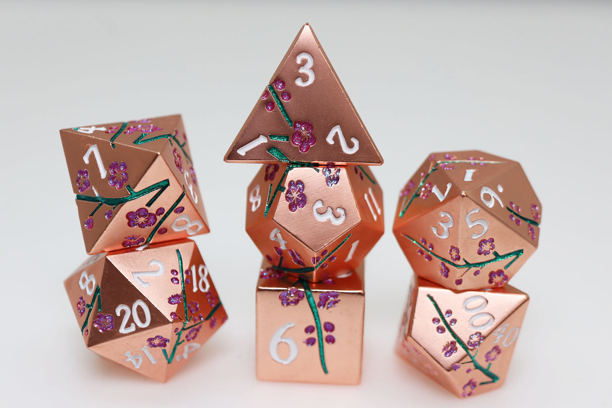 Metallic Bouquet: Copper Cherry Blossoms - Metal RPG Dice Set Metal Dice Foam Brain Games
