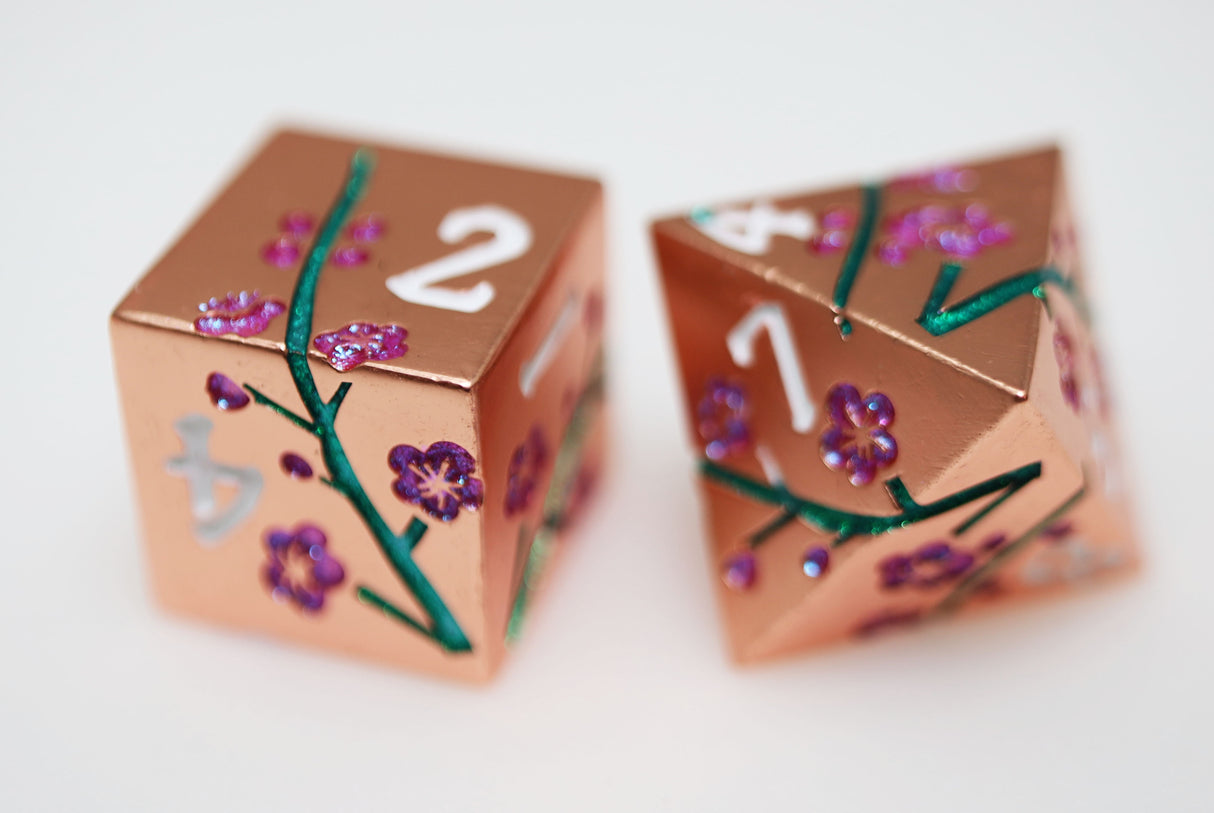 Metallic Bouquet: Copper Cherry Blossoms - Metal RPG Dice Set Metal Dice Foam Brain Games