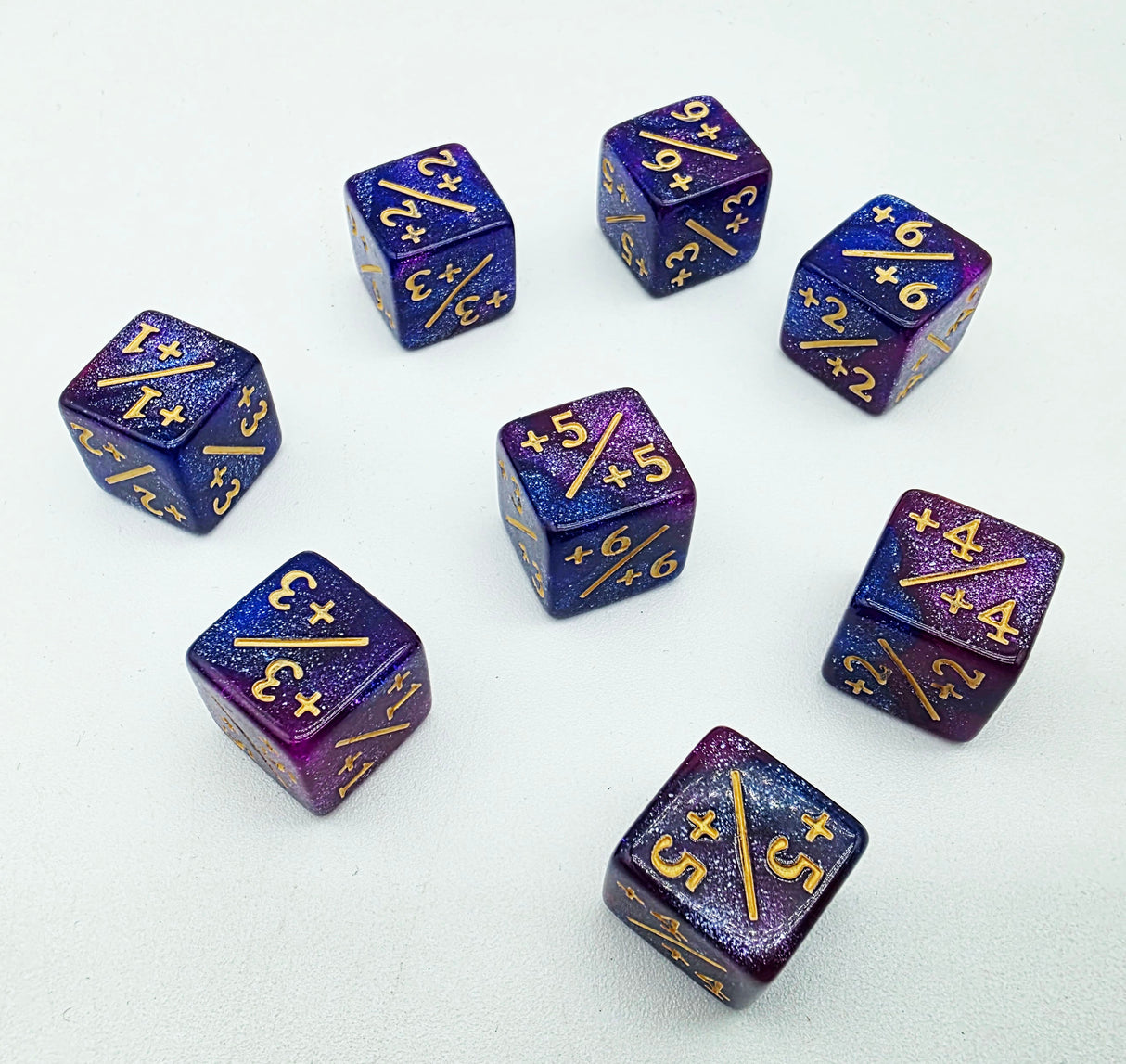 +1/+1 Dark Blue & Purple Glitter Counters for Magic - set of 8 Plastic Dice Foam Brain Games