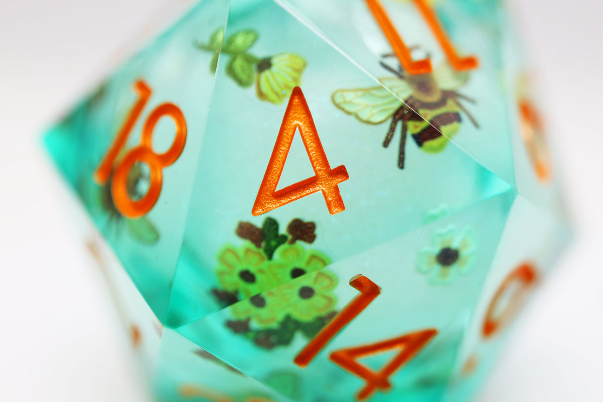 33mm Sharp Edge Liquid Core D20 - Almond Blossoms Plastic Dice Foam Brain Games