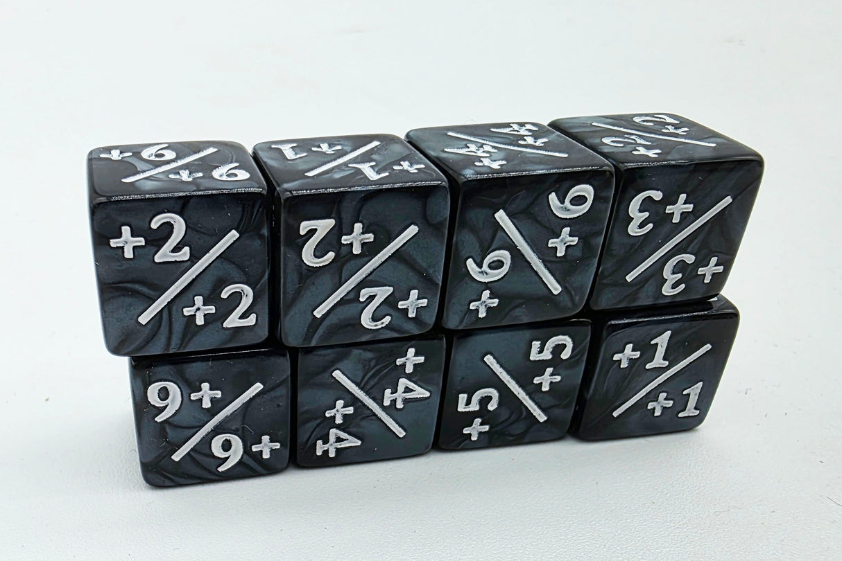 +1/+1 Pearl Black Counters with White for Magic - Set of 8 Plastic Dice Foam Brain Games