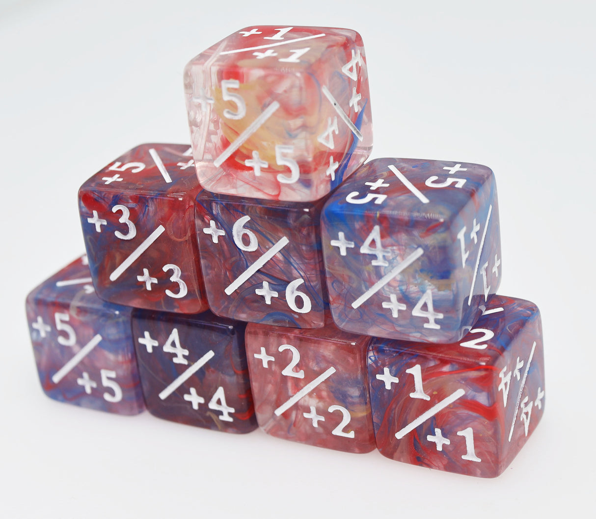 +1/+1 Primary Colored Marble Counters for Magic - Set of 8 Plastic Dice Foam Brain Games