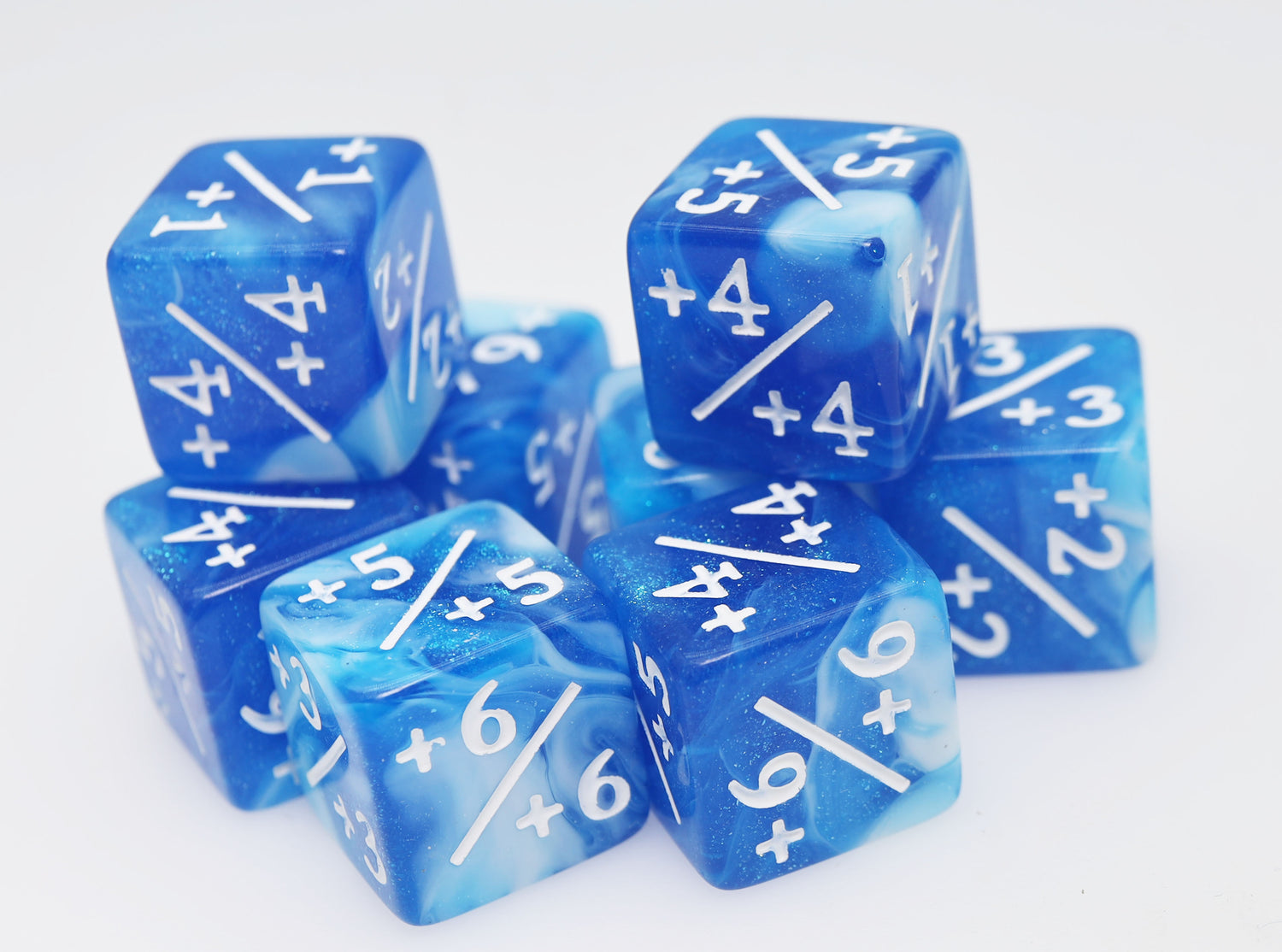 +1/+1 White & Blue Glitter Counters for Magic - Set of 8 Plastic Dice Foam Brain Games