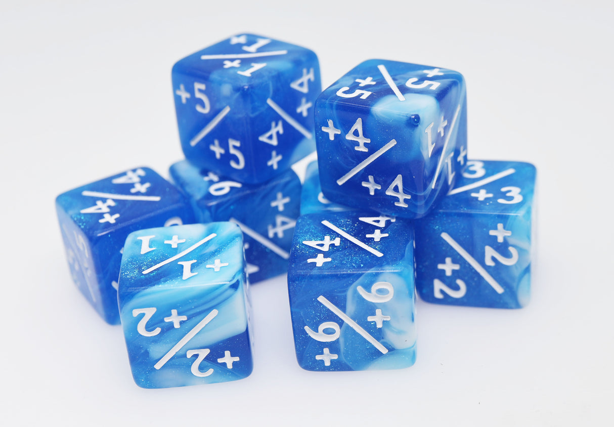 +1/+1 White & Blue Glitter Counters for Magic - Set of 8 Plastic Dice Foam Brain Games