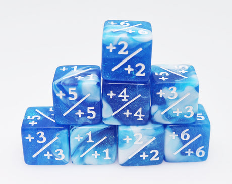 +1/+1 White & Blue Glitter Counters for Magic - Set of 8 Plastic Dice Foam Brain Games