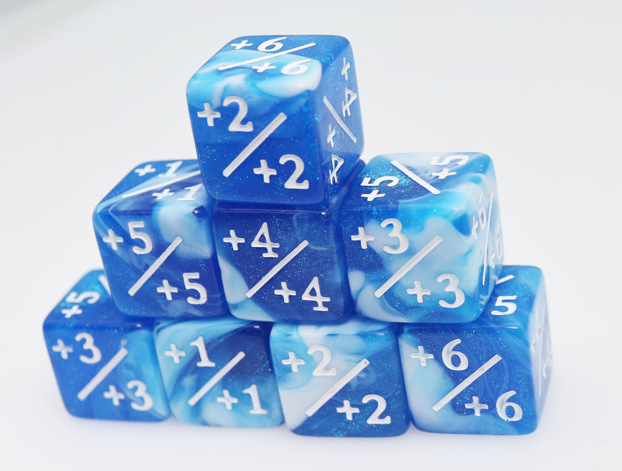 +1/+1 White & Blue Glitter Counters for Magic - Set of 8 Plastic Dice Foam Brain Games