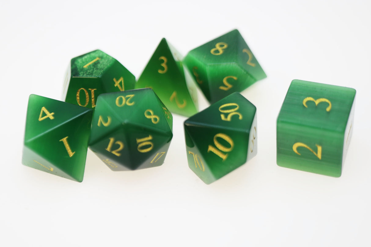 Cat's Eye Green - Gemstone Engraved with Gold Stone Dice Foam Brain Games