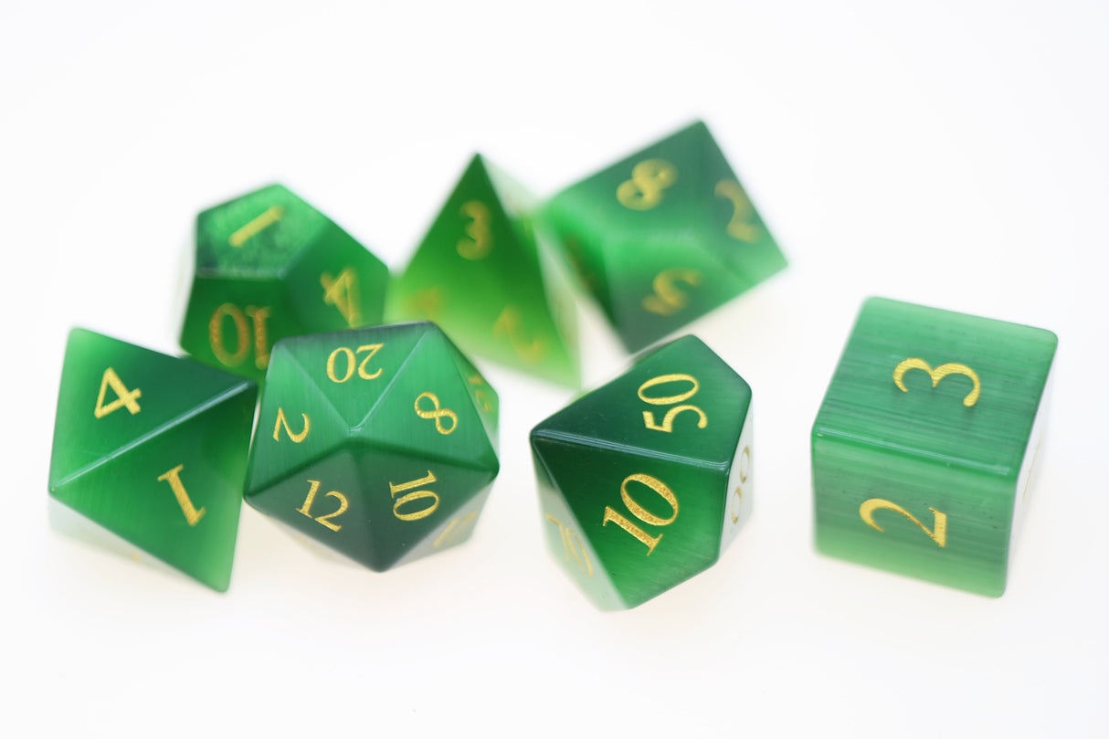 Cat's Eye Green - Gemstone Engraved with Gold Stone Dice Foam Brain Games