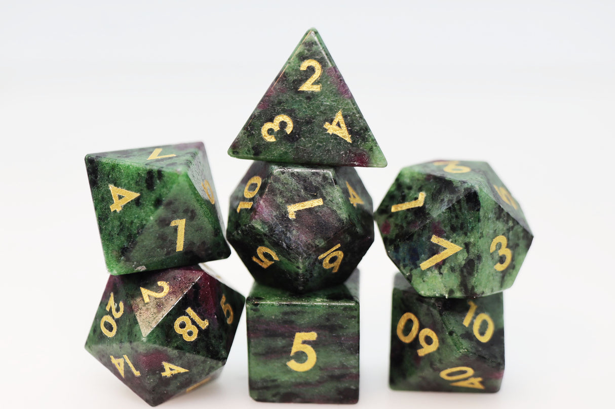 Ruby Zoisite - Engraved with Gold Stone RPG Dice Set Stone Dice Foam Brain Games