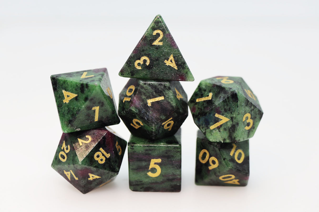 Ruby Zoisite - Engraved with Gold Stone RPG Dice Set Stone Dice Foam Brain Games
