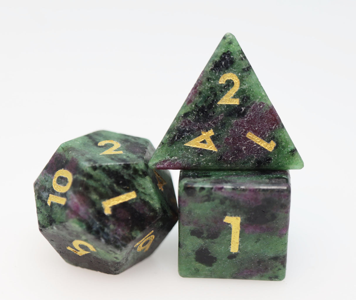 Ruby Zoisite - Engraved with Gold Stone RPG Dice Set Stone Dice Foam Brain Games
