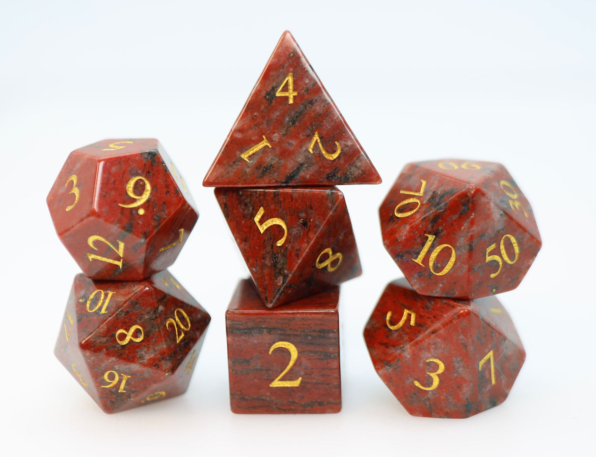 Red Hematite - Engraved with Gold Stone RPG Dice Set Stone Dice Foam Brain Games
