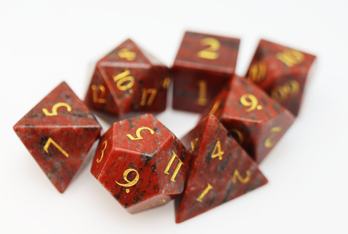 Red Hematite - Engraved with Gold Stone RPG Dice Set Stone Dice Foam Brain Games