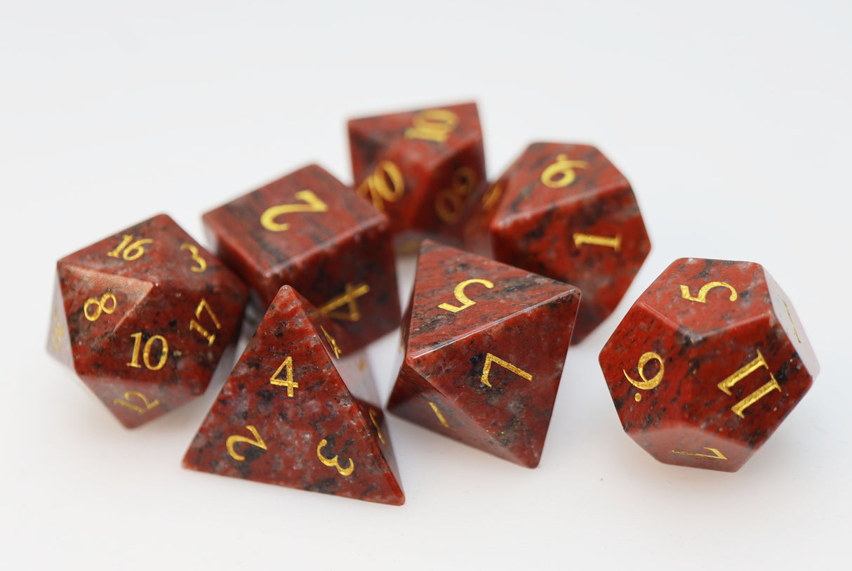 Red Hematite - Engraved with Gold Stone RPG Dice Set Stone Dice Foam Brain Games