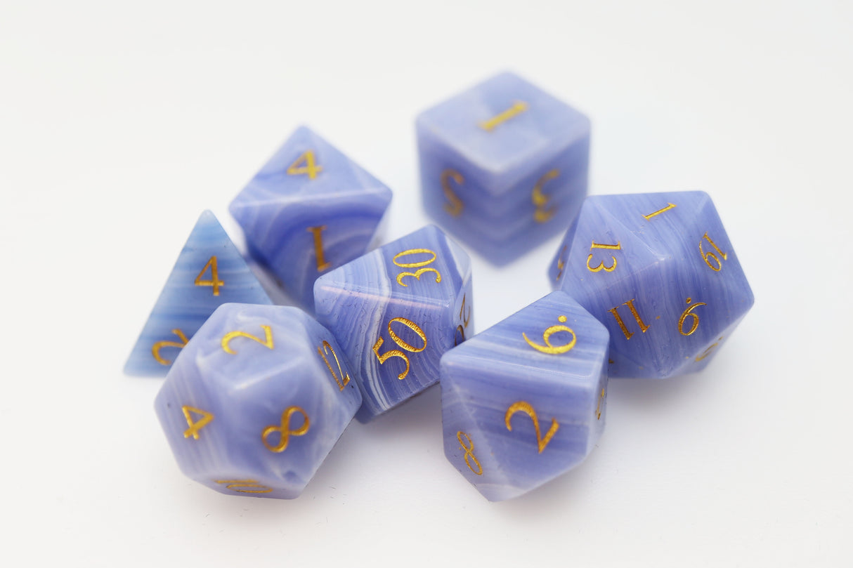 Blue Lace Agate - Engraved with Gold Stone RPG Dice Set Stone Dice Foam Brain Games