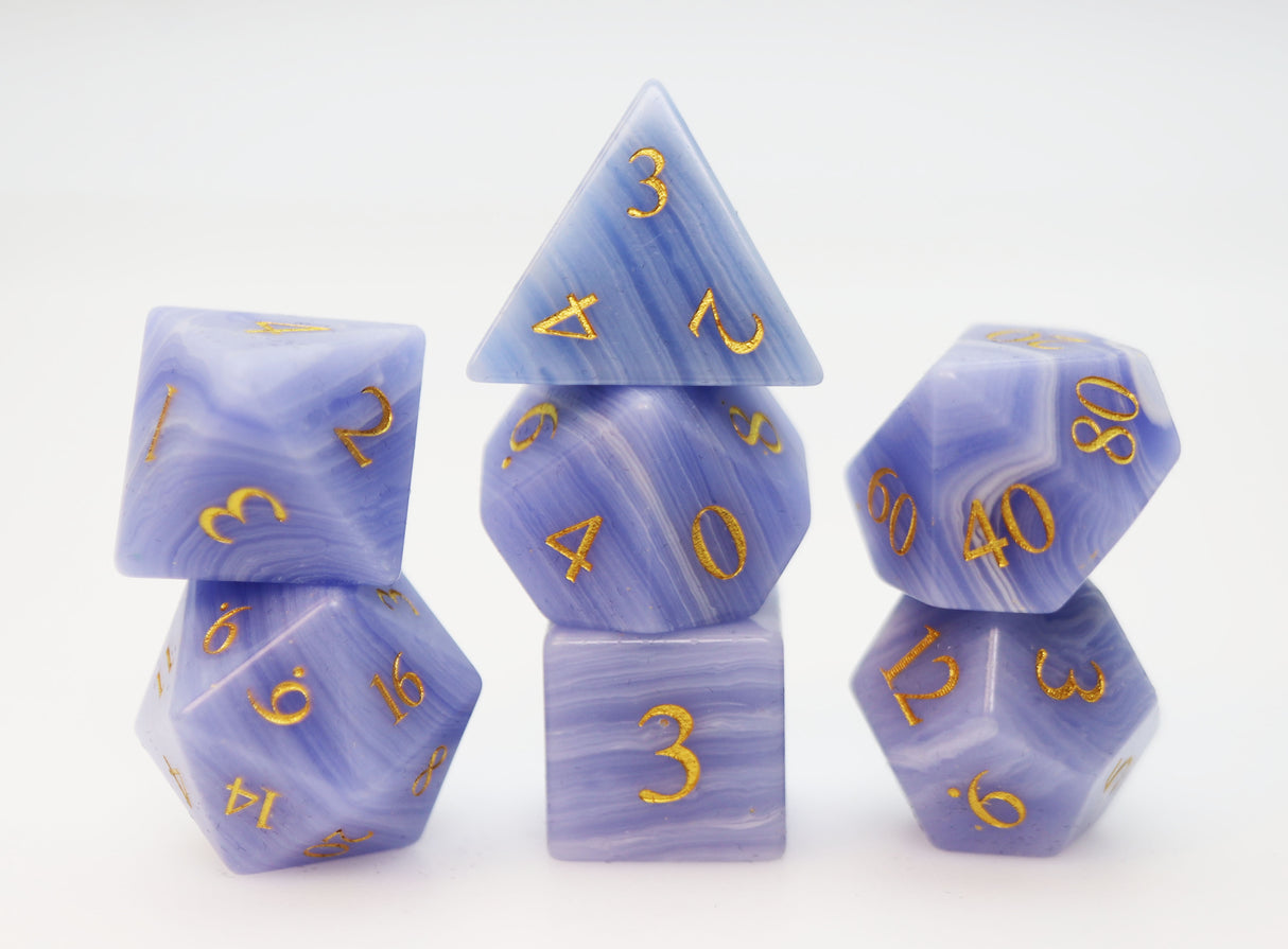 Blue Lace Agate - Engraved with Gold Stone RPG Dice Set Stone Dice Foam Brain Games