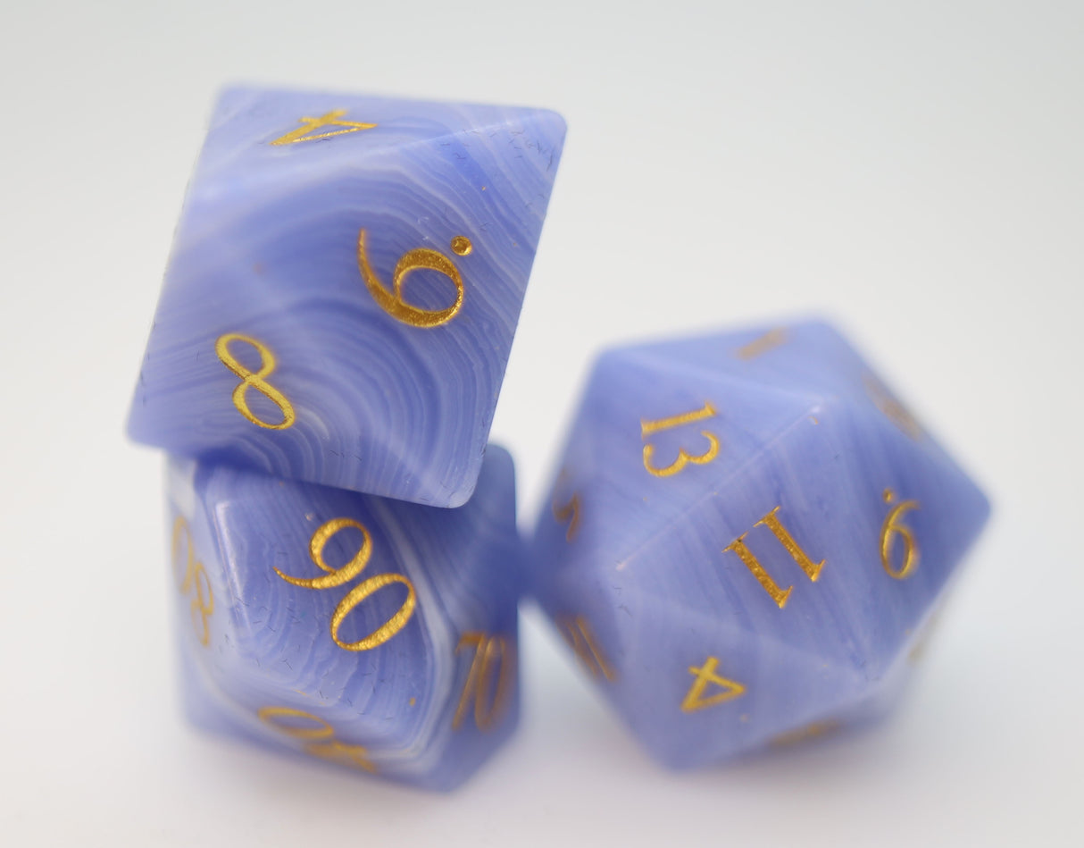 Blue Lace Agate - Engraved with Gold Stone RPG Dice Set Stone Dice Foam Brain Games