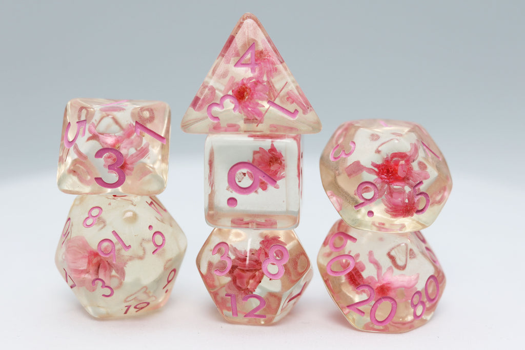 Pink Flowers RPG Dice Set Plastic Dice Foam Brain Games