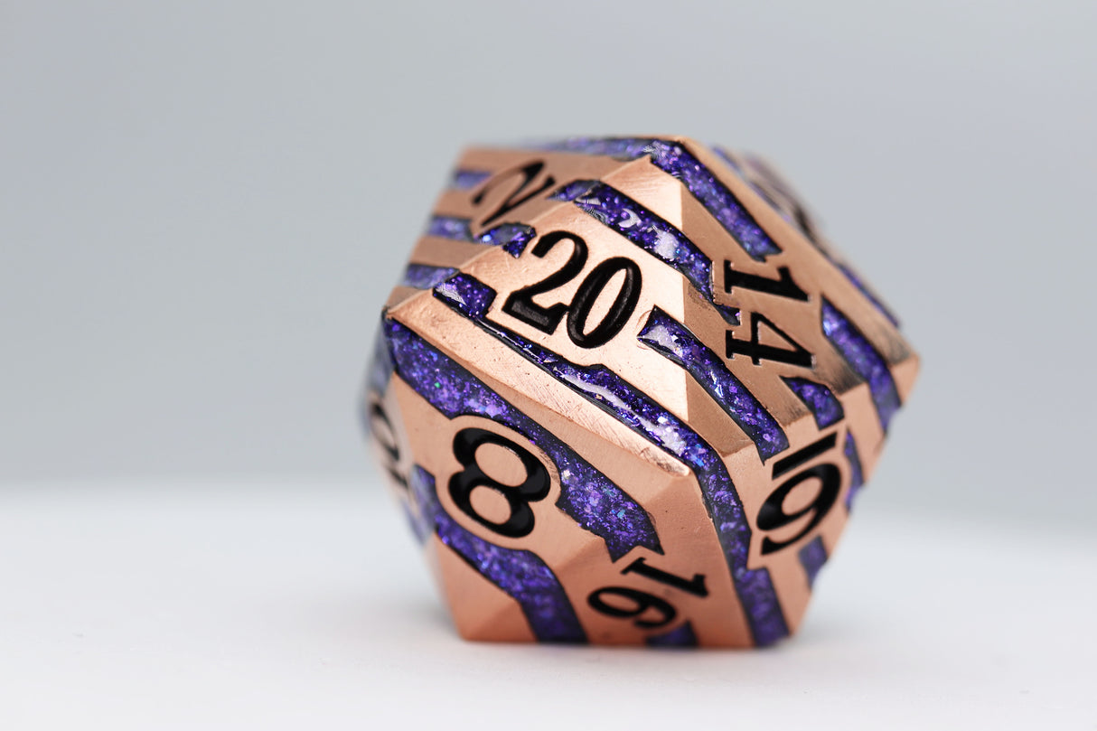 35mm Metal D20 - Copper with Purple Mica Metal Dice Foam Brain Games