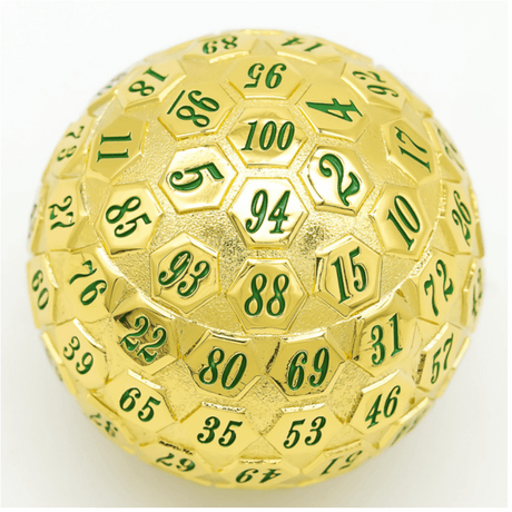 45mm Metal D100 - Gold with Green Metal Dice Foam Brain Games