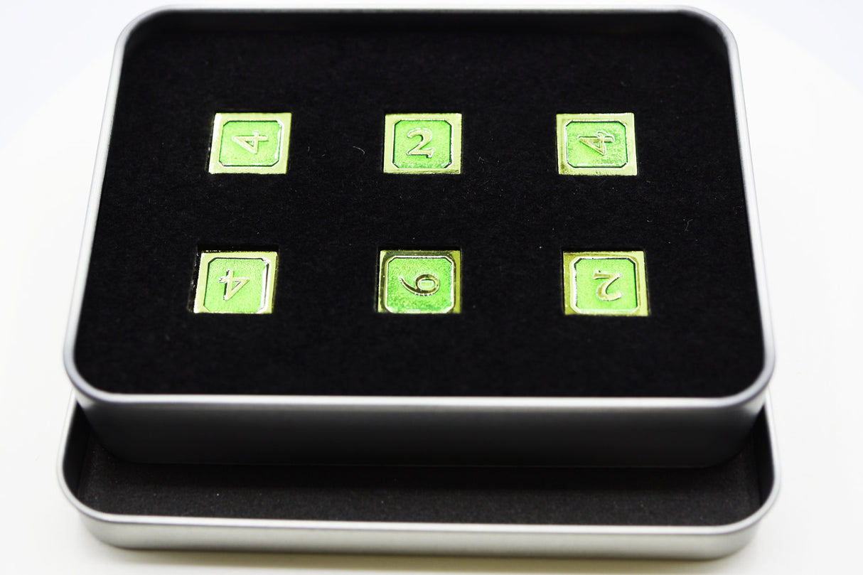 6 piece Metal D6s - Green and Gold Metal Dice Foam Brain Games