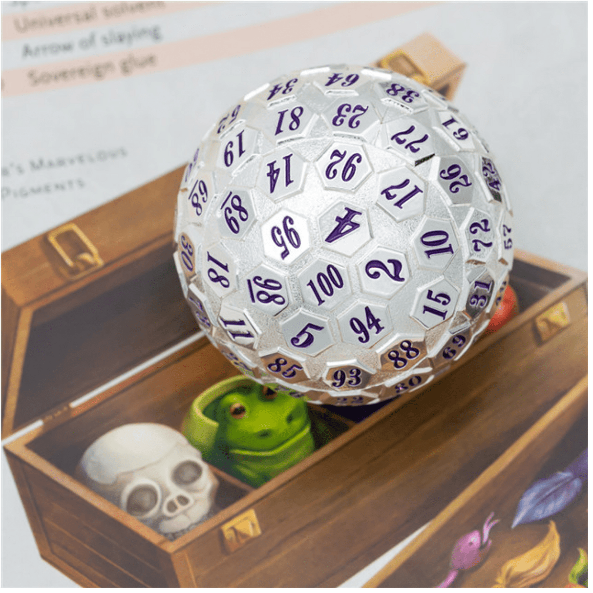 45mm Metal D100 - Platinum with Purple Metal Dice Foam Brain Games