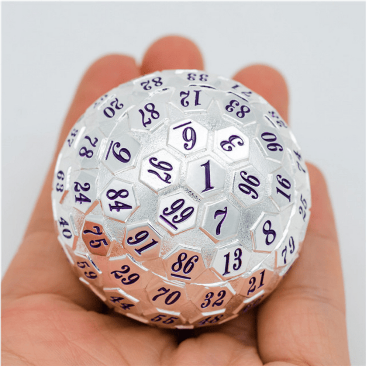 45mm Metal D100 - Platinum with Purple Metal Dice Foam Brain Games