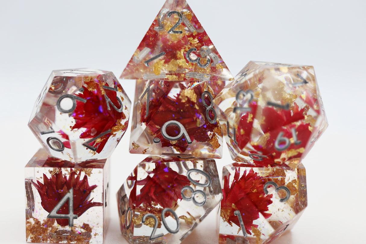 Sharp Edge Resin RPG Dice Set - Red Lotus Plastic Dice Foam Brain Games