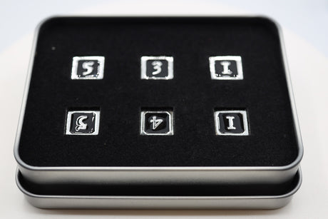 6 piece Metal D6s - Black and Silver Metal Dice Foam Brain Games