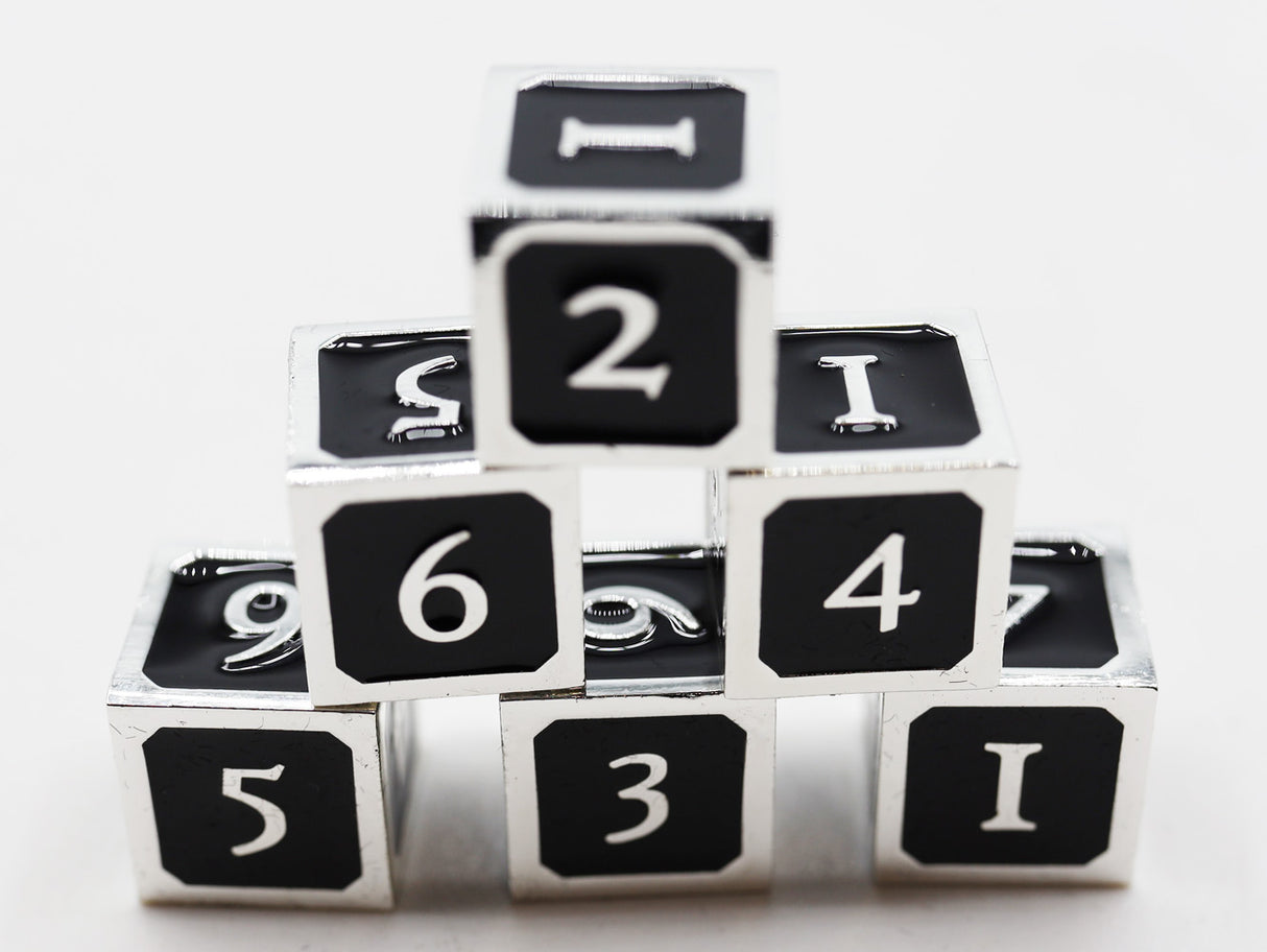 6 piece Metal D6s - Black and Silver Metal Dice Foam Brain Games