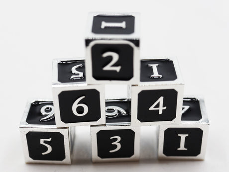 6 piece Metal D6s - Black and Silver Metal Dice Foam Brain Games