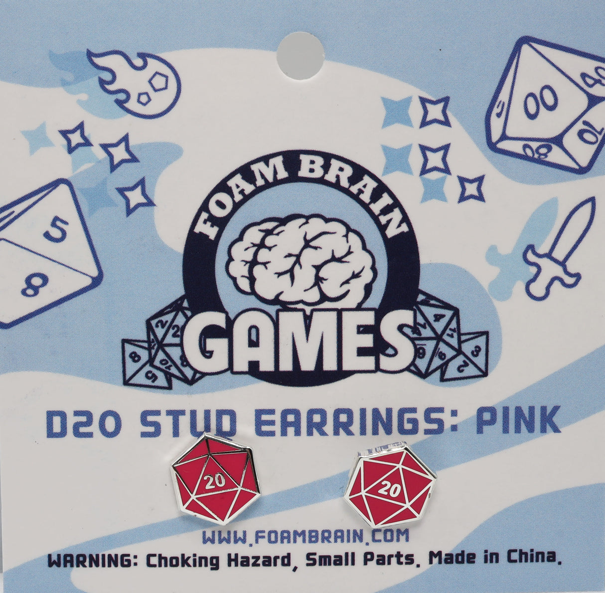 D20 Stud Earrings: Pink Jewelry Foam Brain Games