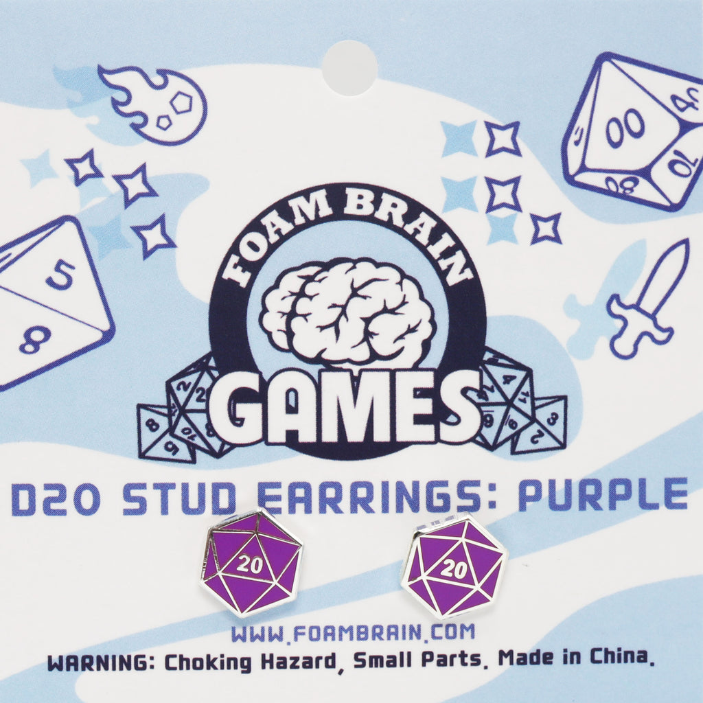 D20 Stud Earrings: Purple Jewelry Foam Brain Games
