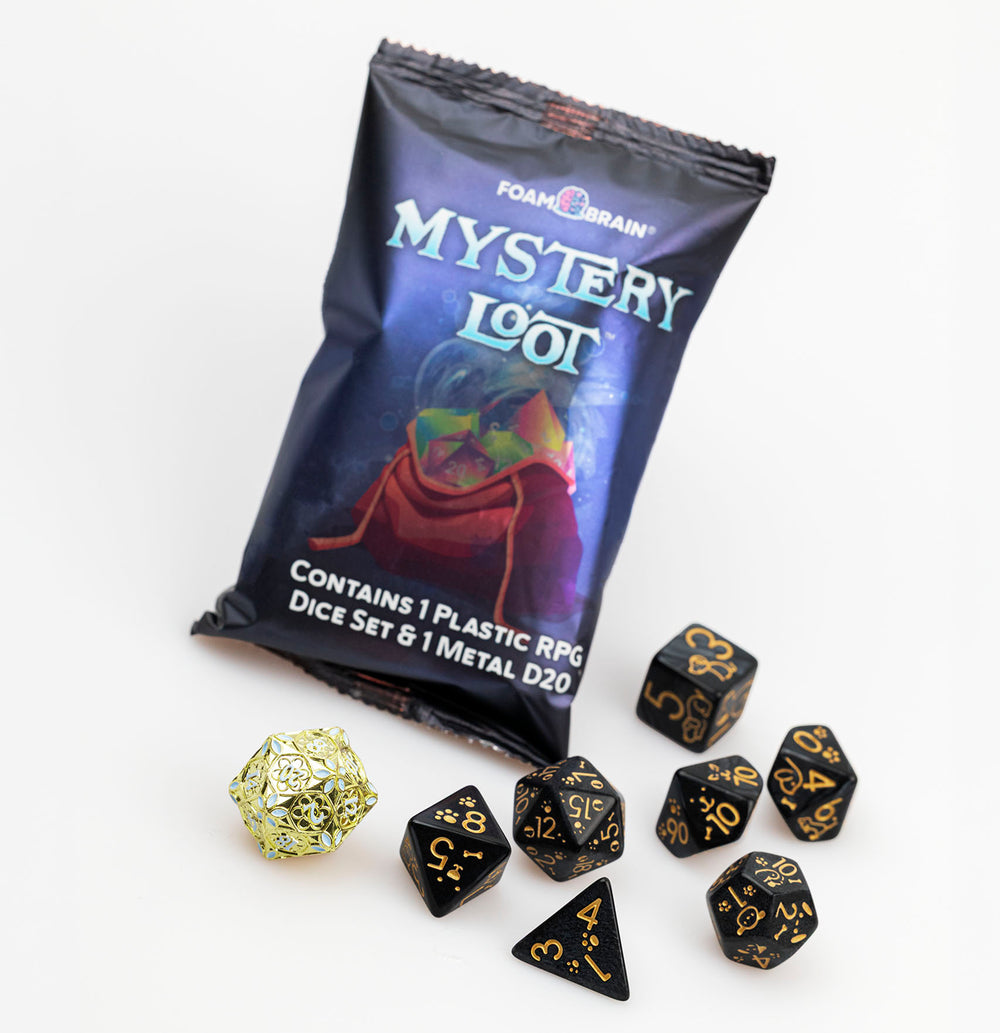 Mystery Loot: Plastic RPG Set and Metal D20 Foam Brain Games