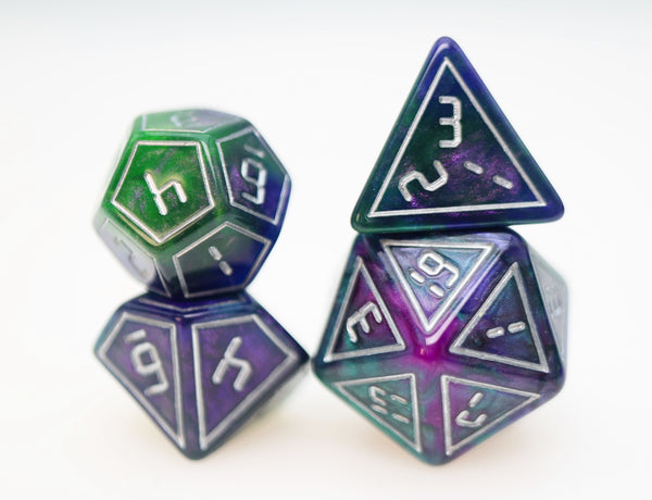 Cybernated Purple & Green RPG Dice Set - XLarge Plastic Dice Foam Brain Games