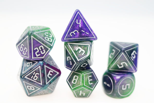 Cybernated Purple & Green RPG Dice Set - XLarge Plastic Dice Foam Brain Games