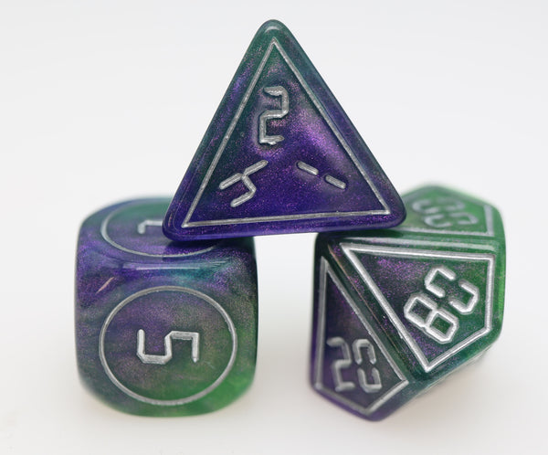 Cybernated Purple & Green RPG Dice Set - XLarge Plastic Dice Foam Brain Games