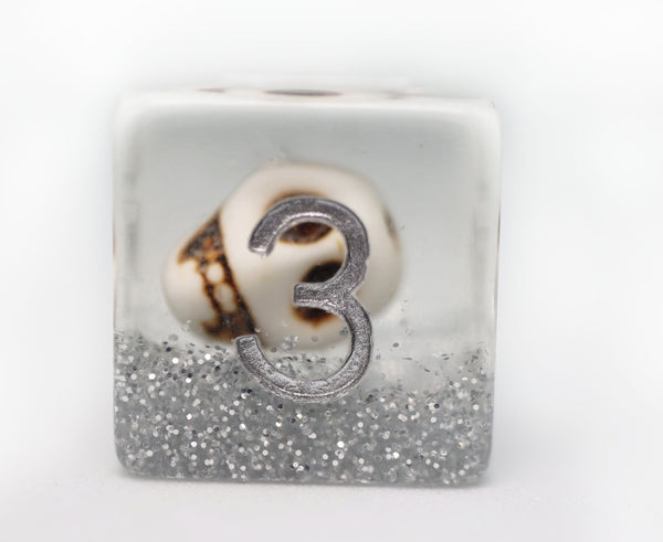 Skull and Silver Glitter RPG Dice Set Plastic Dice Foam Brain Games