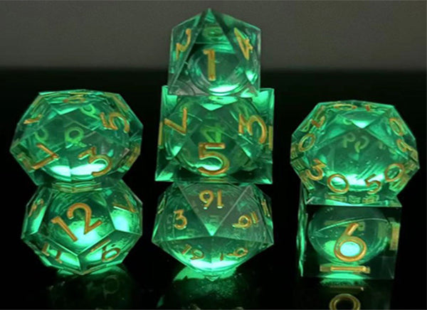 Sharp Edge Glow in the Dark Liquid Core RPG Dice Set - Blue Specter Plastic Dice Foam Brain Games