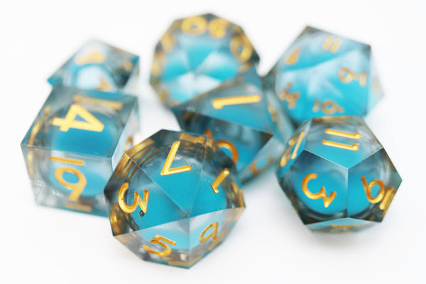 Sharp Edge Glow in the Dark Liquid Core RPG Dice Set - Blue Specter Plastic Dice Foam Brain Games